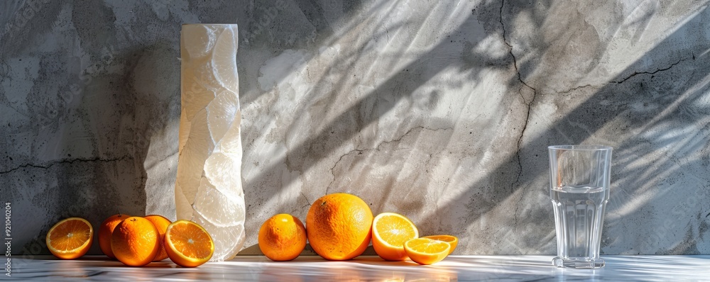 Poster tall vase with abstract shape alongside fresh oranges on a rustic surface