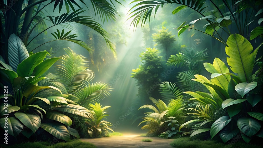 Poster A Tranquil Tapestry of Greenery: A 3D Jungle Background with Gentle Illumination  Generative AI