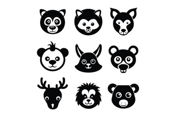Bundle of animal face icons and silhouettes vector art on a white background.