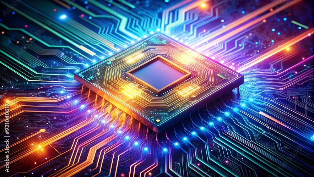 Poster the quantum leap of ai: a microchip awakened by colorful light generative ai