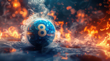Billiard ball number 8 in fire flying in dark background