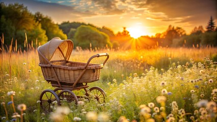 A Timeless Treasure: A Vintage Stroller Basking in the Warmth of Sun-Kissed Wood and Wicker  Generative AI