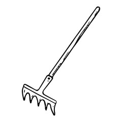 Garden rake hand drawn in doodle style. Hobby gardening. Working tool for construction and cleaning with long handle. Vector line art illustration.