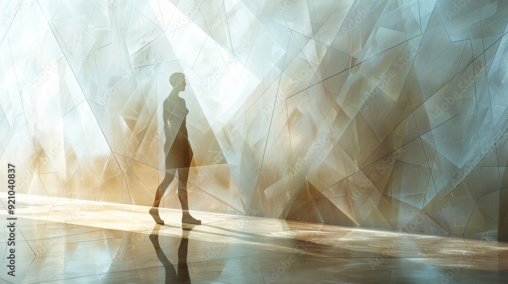 Poster a sleek, metallic background and shadows abstract human figure constructed from a series of intersec
