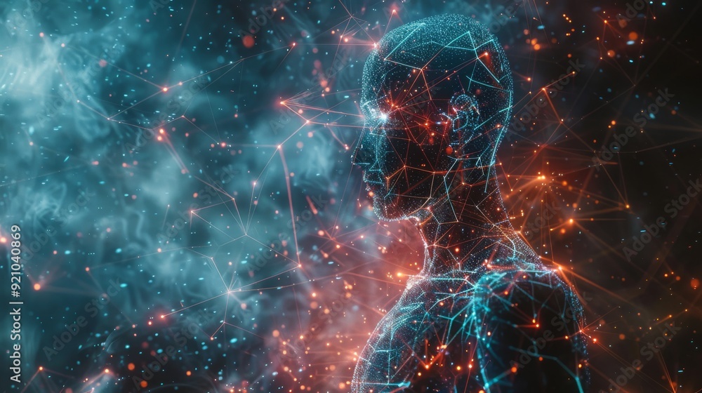 Poster a stylized human figure made from a network of intersecting lines glowing effect and a high-tech