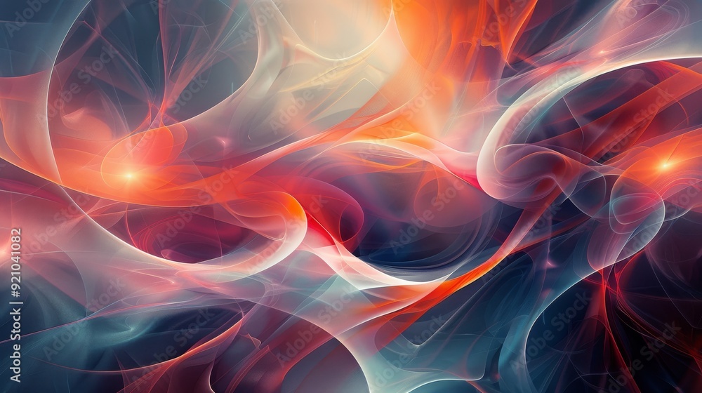 Poster interconnected, dynamic shapes and patterns emerging from a central point illustrating the flow and 
