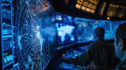Missile Defense System - Control panel of the missile defense system with a radar display screen and digital maps. Officials are reviewing the information received from the sensors.