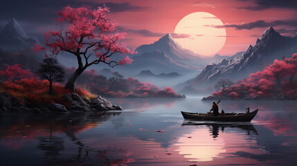 Serene Lake at Moonrise with Blossoms and Boat