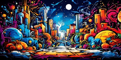 Obraz premium A colorful cityscape with a large moon in the sky
