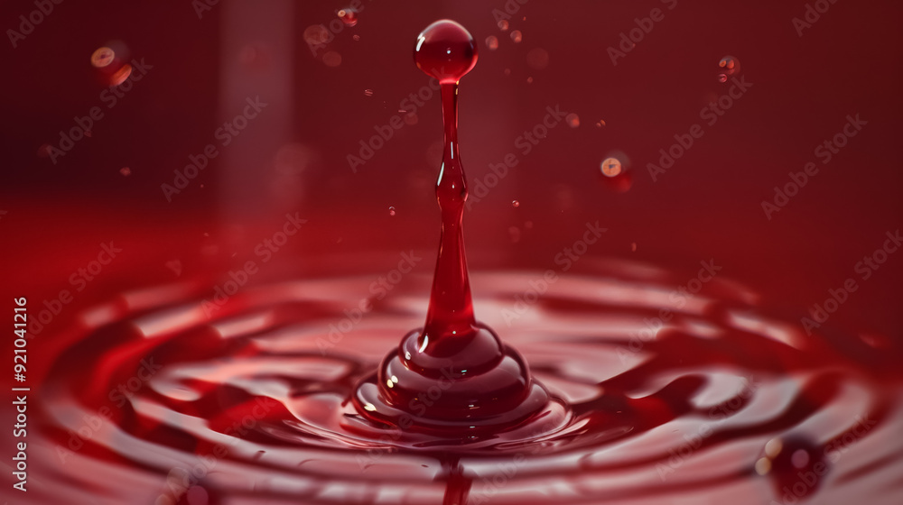 Poster a drop of red liquid is falling into a body of water, creating a captivating ripple effect.