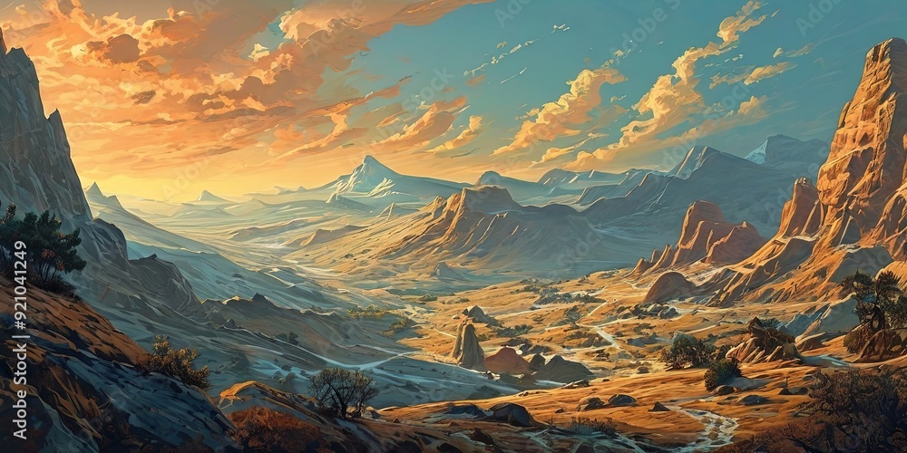 Poster a desert landscape with mountains in the background and a sky with clouds