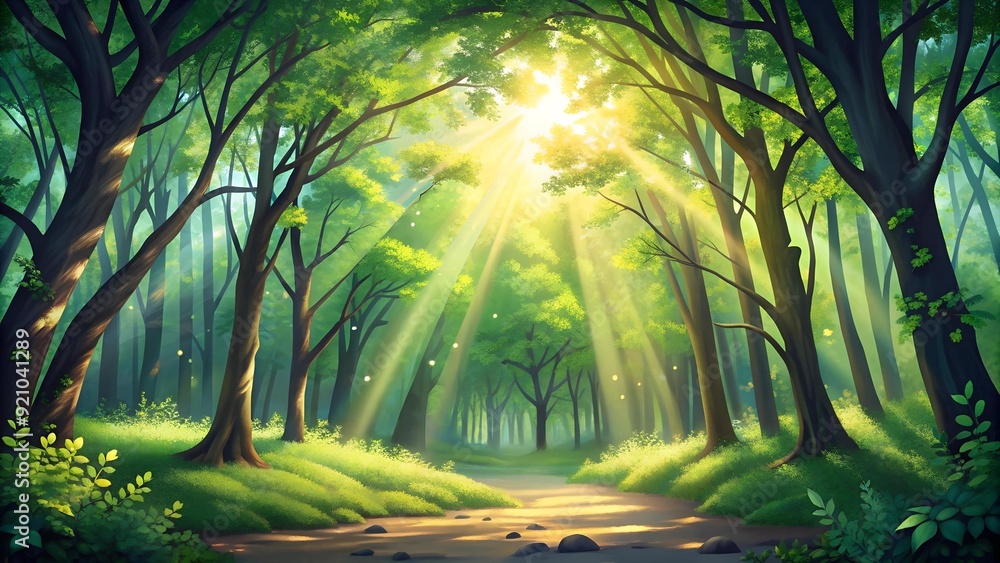 Poster sun-dappled canopy: a playful exploration of light and shadow in a summer forest generative ai