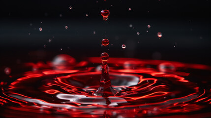 A drop of red liquid is falling into a body of water, creating ripples and a striking visual contrast.