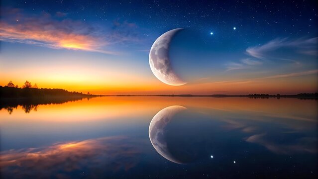 Celestial Reflection: A Moon Gazing at its Lunar Counterpart  AI generated