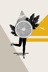 Vertical photo collage of anonym girl instead body orange fruit dance organic juice nutrition...