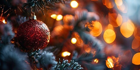 A red ornament hangs on a Christmas tree