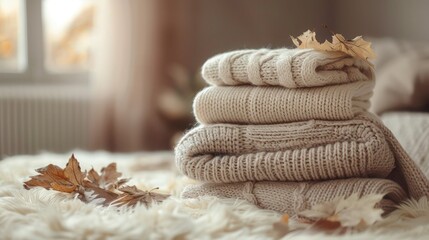 Horizontal Banner with Stack of Neutral Woolen Knitted Sweaters with Dried Light Beige Fall Leaves on Background, pastel fashion clothes concept
