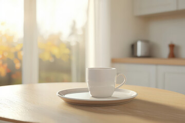 Fototapeta premium Minimalist Morning Scene with White Coffee Cup in Sunlit Kitchen 
