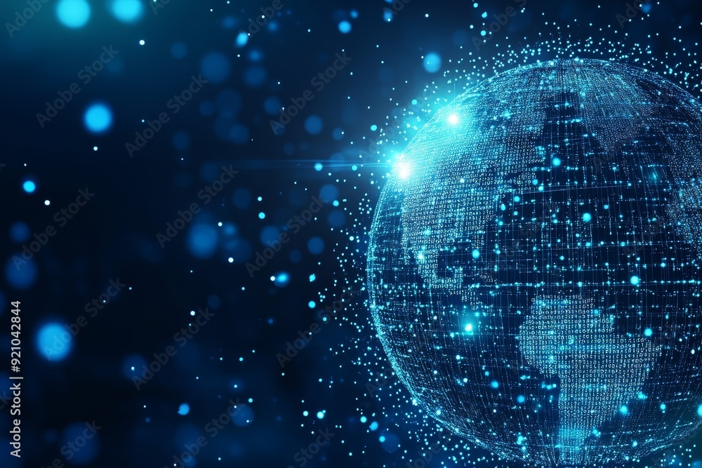 Poster an abstract graphic world map illustration with a blue background, showing big data and network conc