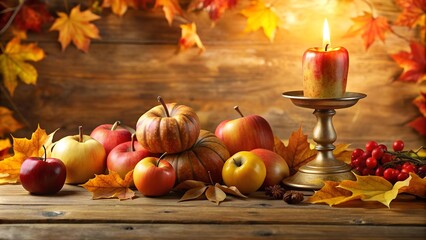 A traditional Mabon altar adorned with the colors of autumn, featuring a glowing candle and overflowing cornucopia.  Generative AI