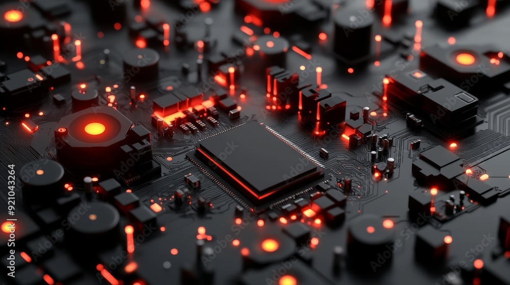 Poster metal plates and particles form an abstract background for high-tech digital technology.