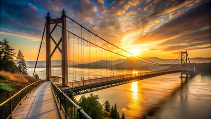 Obraz premium A Golden Hour Embrace: Suspension Bridge Bathed in Warm Light AI generated