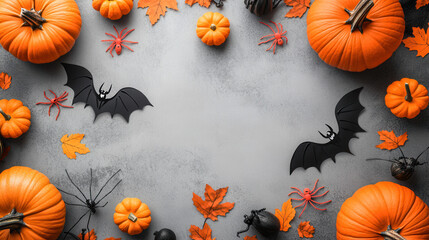 halloween background with pumpkins, bats, and ghosts on gray background