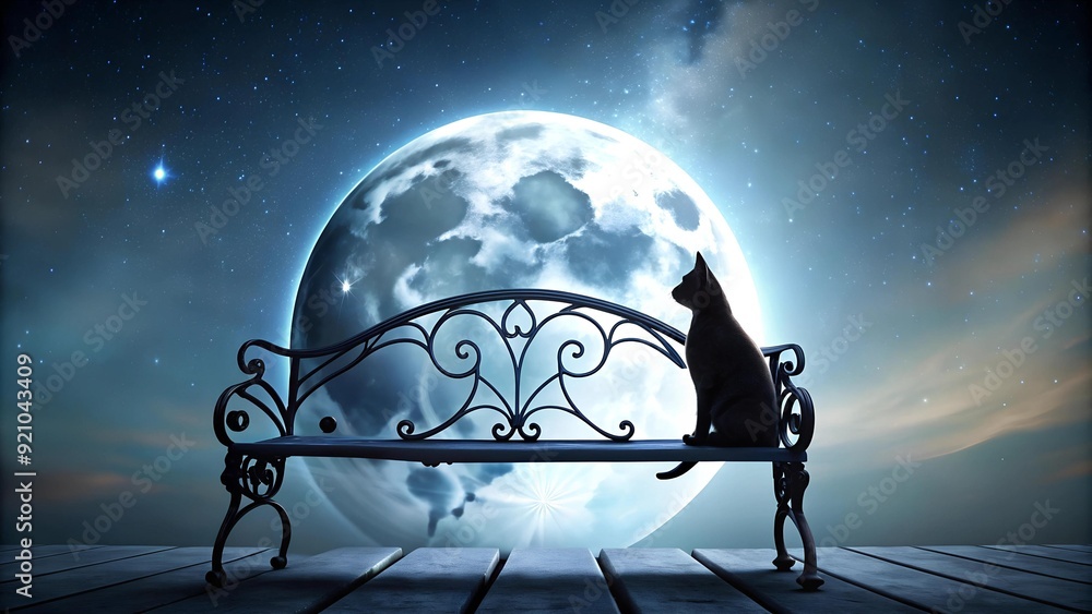 Canvas Prints a feline feast under the moonlight: a cat on a romantic bench bathed in soft moonlight generative ai