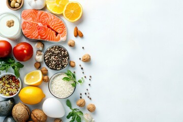Healthy foods containing vitamin D. Natural sources of vitamin D on a white background. Top view. Panorama with copy space - generative ai