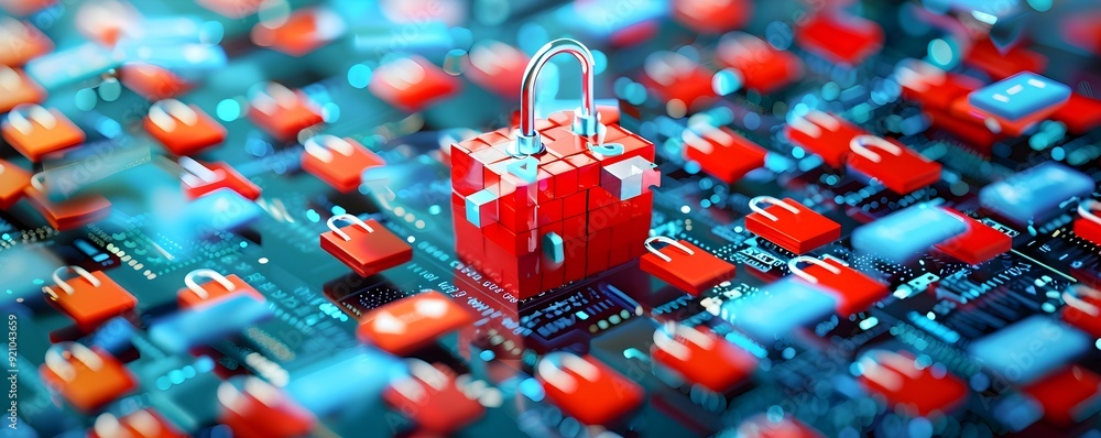 Poster digital security concept with red padlocks on circuit board.