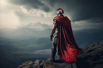 Spartan warrior in helmet and red cloak stands on cliff