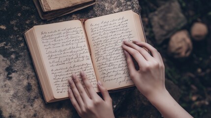 A woman's hands delicately hold an open journal filled with handwritten notes, nestled on a stone surface.