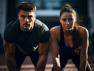 Fit couple poised at the starting line, preparing for a race, emphasizing fitness