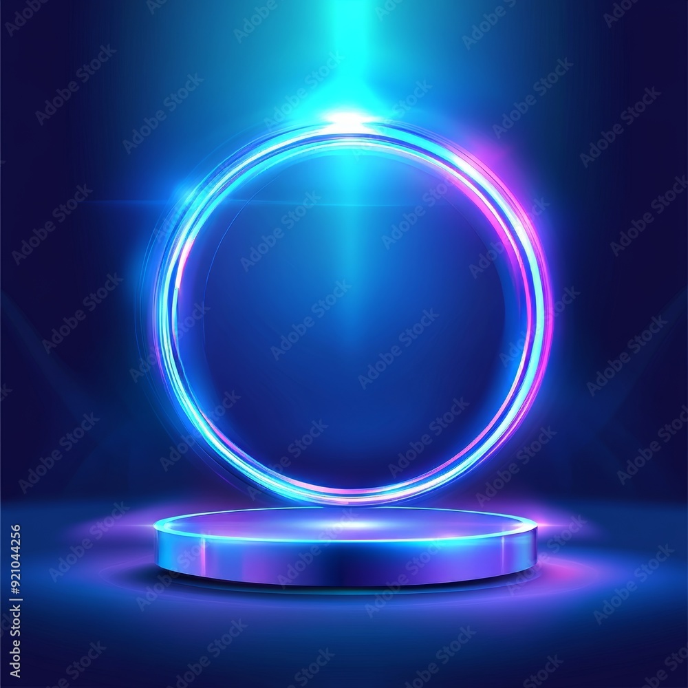 Poster a circular teleport podium. holograms and portals on a futuristic stage. hyper-reality 3d interface 