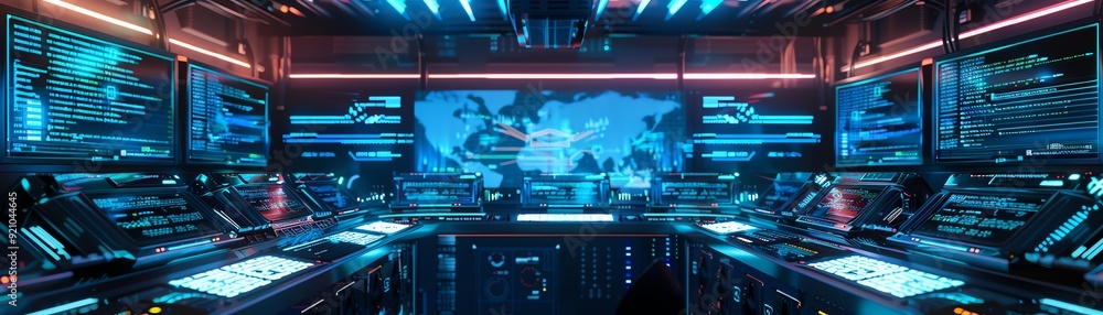 Aufkleber futuristic server room with glowing screens displaying data and a digital world map.