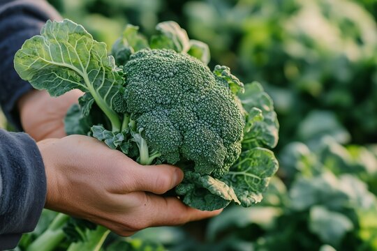 Harvesting fresh broccoli in a lush field during early morning sunlight