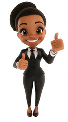 3D illustration of a black African American woman in a suit with a tie showing thumbs up isolated on a transparent background