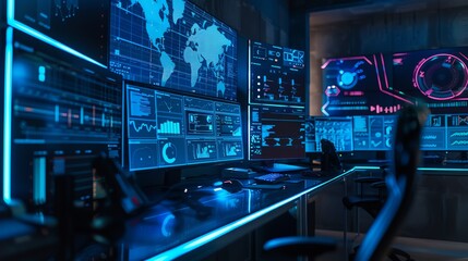 Modern futuristic control room with multiple monitors displaying data and information.