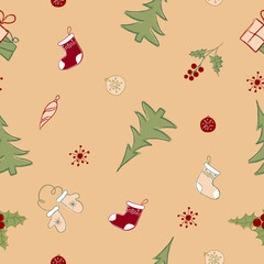 Seamless pattern with christmas tree, red gifts on orange background. Design for fashion, fabric, textile, packaging paper.