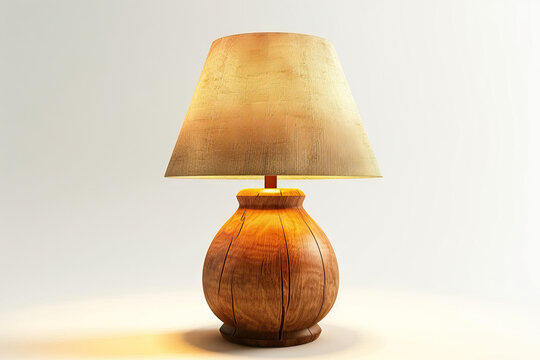 Vintage style wooden table lamp with a beige fabric shade, elegantly presented on a white background