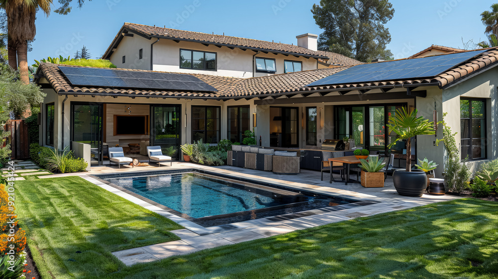 Aufkleber a large house with a pool and a patio. the pool is surrounded by a grassy area and there are several