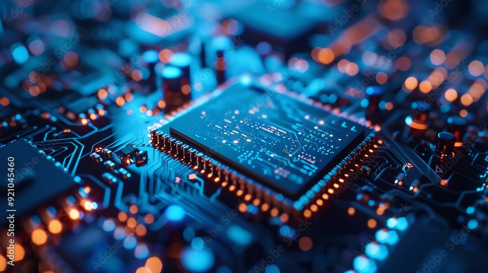 Poster close-up of a blue circuit board with a microprocessor.