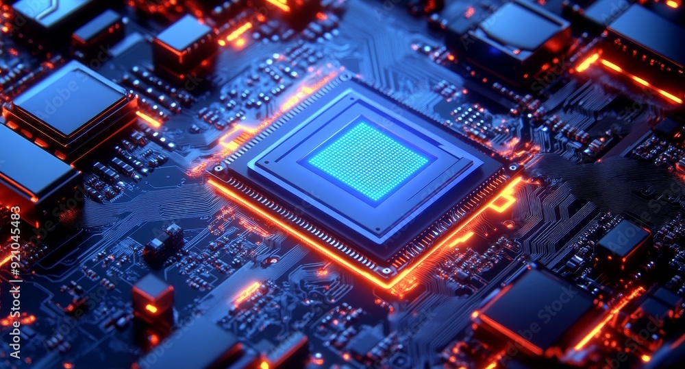 Poster printed circuit board and flares in blue colour for a technology background. depth of field effect a