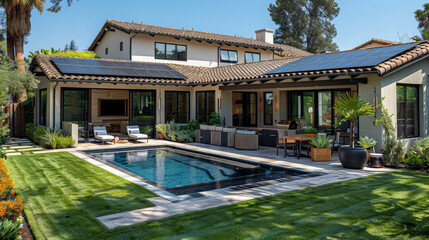 Obraz premium A large house with a pool and a patio. The pool is surrounded by a grassy area and there are several chairs and couches on the patio