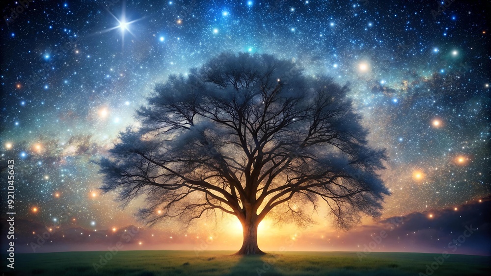 Poster a celestial tree bathed in the soft luminescence of countless stars, its branches reaching upwards t