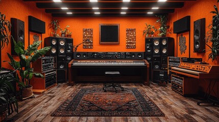 Modern music studio with soundproof walls bright lights and comfortable equipment. Concept Music Production, Soundproof Walls, Bright Lights, Comfortable Equipment, Modern Studio