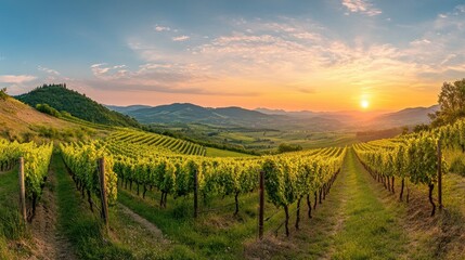 Naklejka premium Sunset Over Lush Green Vineyards and Rolling Hills