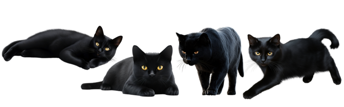 Set of Black Cat in Halloween Poses postures lying down, striding, staring 3D Render Isolated on Transparent Background