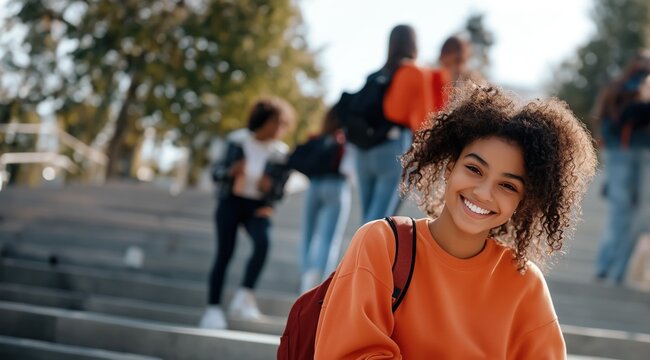 Une jeune &eacute;tudiante afro-am&eacute;ricaine heureuse et souriante, assise dans les escaliers &agrave; l'universit&eacute;, portant une veste orange et un sac &agrave; dos.