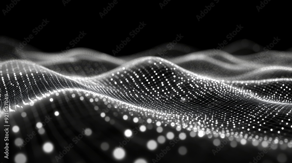 Poster on a white background there is a wave of particles which are interlaced with abstract lines and poin